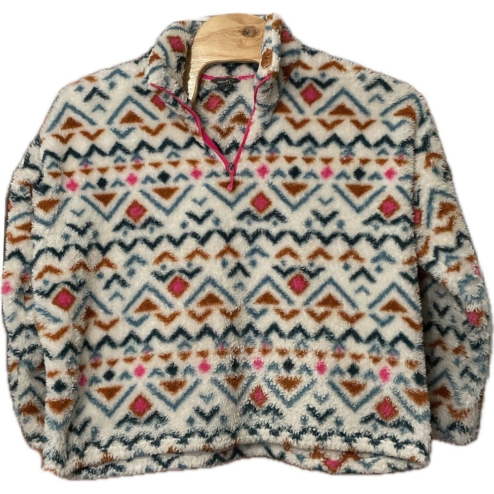 Eddie Bauer Pullover 1/4 Zip Vanilla Aztec Tribal Plush Fleece Faux Fur XXL